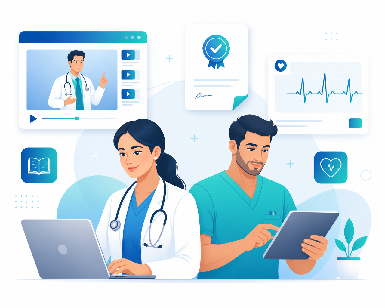 Healthcare professionals learning online with certificates and clinical dashboards